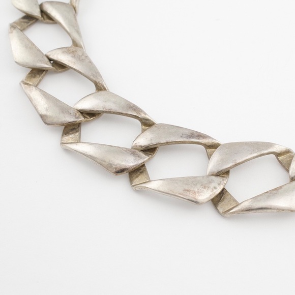 Vintage Silver Tone Collar Necklace Chunky Wide Flat Curb Link Chain - Picture 4 of 6